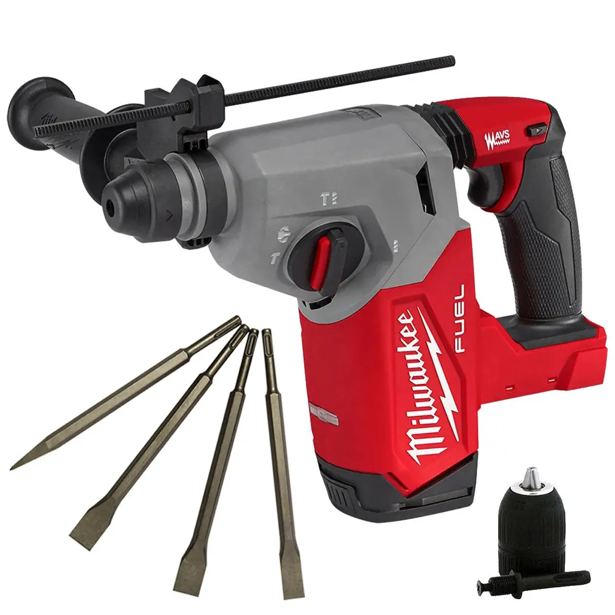 Milwaukee M18fh-0 18V Fuel 4-Mode Sds+ Brushless Hammer Drill With 4 Piece Chisel Set & Chuck 1