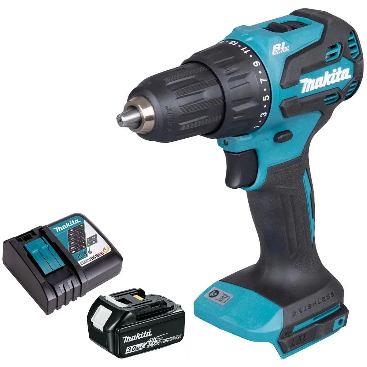 Makita Dhp490z 18V Lxt Li-Ion Brushless Combi Drill With 1 X 3.0Ah Battery & Charger 1