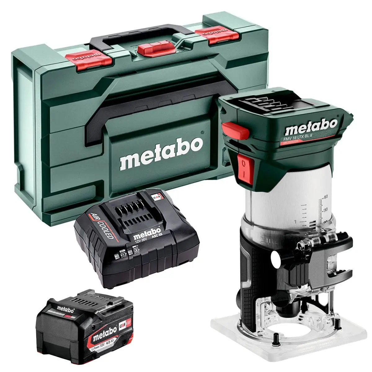Metabo Fmv 18 Ltx Bl 8 18V Brushless 1/4" Trim Router With 1 X 4.0Ah Battery Charger & Metabox 1