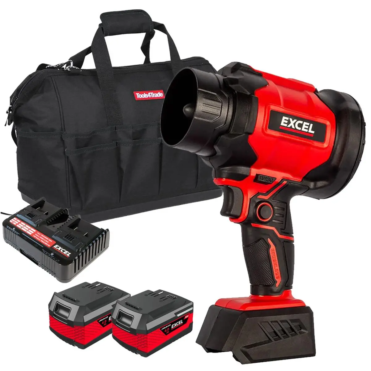 Excel 18V Brushless Storm Blower Turbo Mode With 2 X 4.0Ah Battery, Dual Port Fast Charger & Bag 1