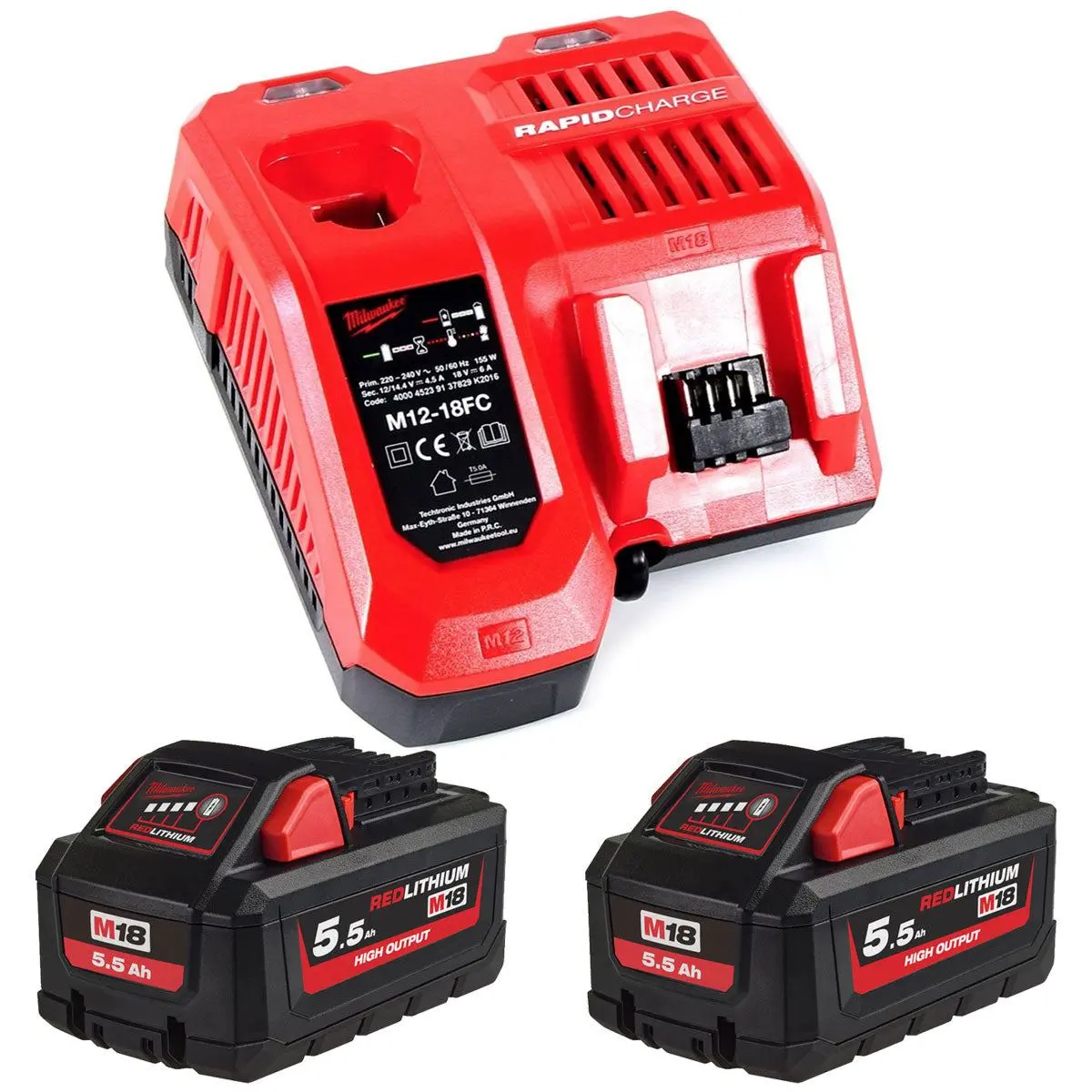 Milwaukee M18hb5.5 18V Redlithium-Ion High Output 2 X 5.5Ah Battery With Fast Charger 1
