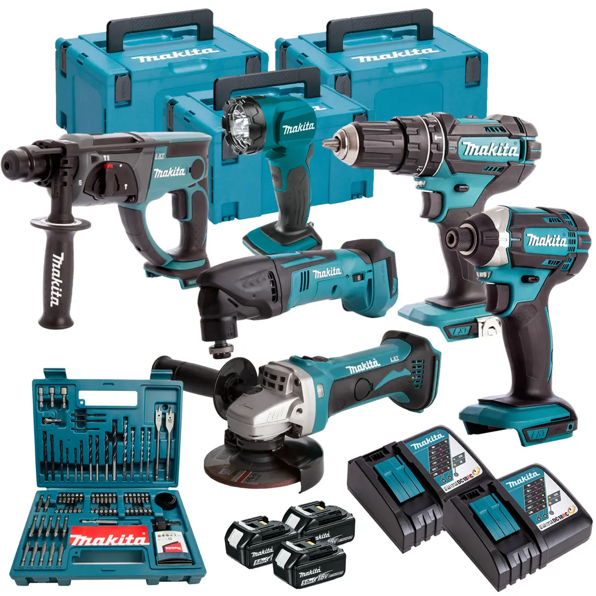 Makita 18V 6 Piece Power Tool Kit With 3 X 5.0Ah Battery Charger & 100 Piece Bit Set T4tkit-16457 1