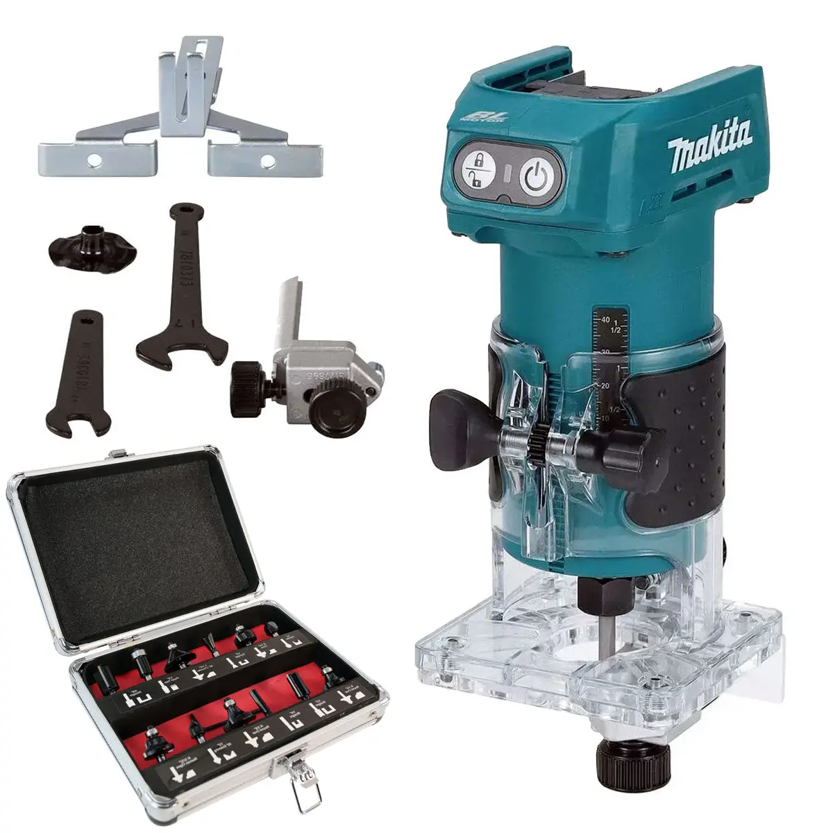 Makita Drt52z 18V Lxt Brushless 1/4" Router Trimmer With 12 Piece Cutter Set 1