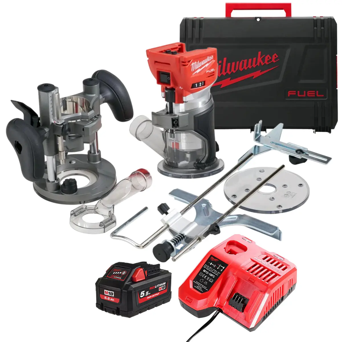 Milwaukee M18ftr-0X M18 18V Brushless Fuel Trimmer Router With 1 X 5.5Ah Battery Charger & Case 1