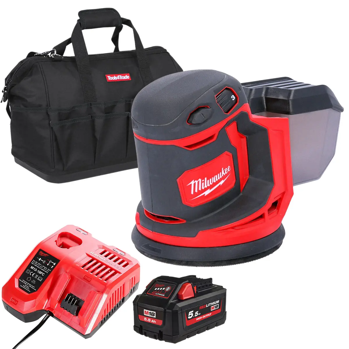 Milwaukee M18bos125-0 18V 125Mm Random Orbital Sander With 1 X 5.5Ah Battery Charger & Bag 1