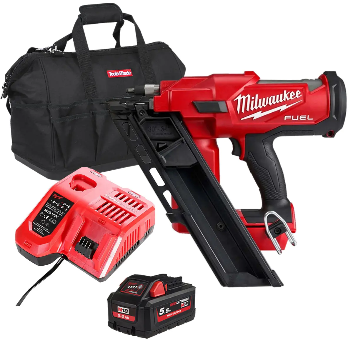 Milwaukee M18ffn-0 18V Fuel Brushless First Fix Angled Framing Nailer With 1 X 5.5Ah Battery Charger & Bag 1