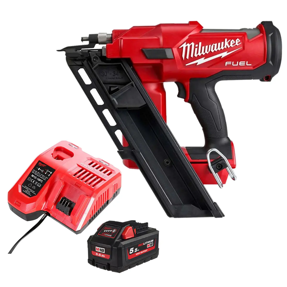 Milwaukee M18ffn-0 18V Fuel Brushless First Fix Angled Framing Nailer With 1 X 5.5Ah Battery & Charger 1
