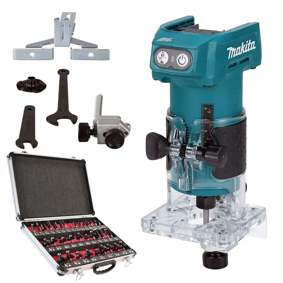 Makita Drt52z 18V Lxt Brushless 1/4" Router Trimmer With 35 Piece Cutter Set 1