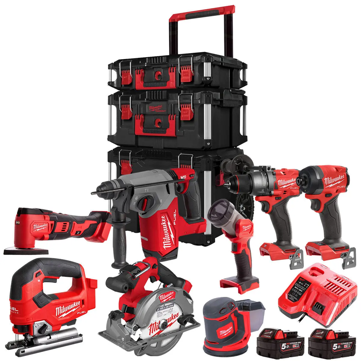 Milwaukee 18V 8 Piece Power Tool Kit With 2 X 5.0Ah Battery Charger & Trolley Toolbox 1