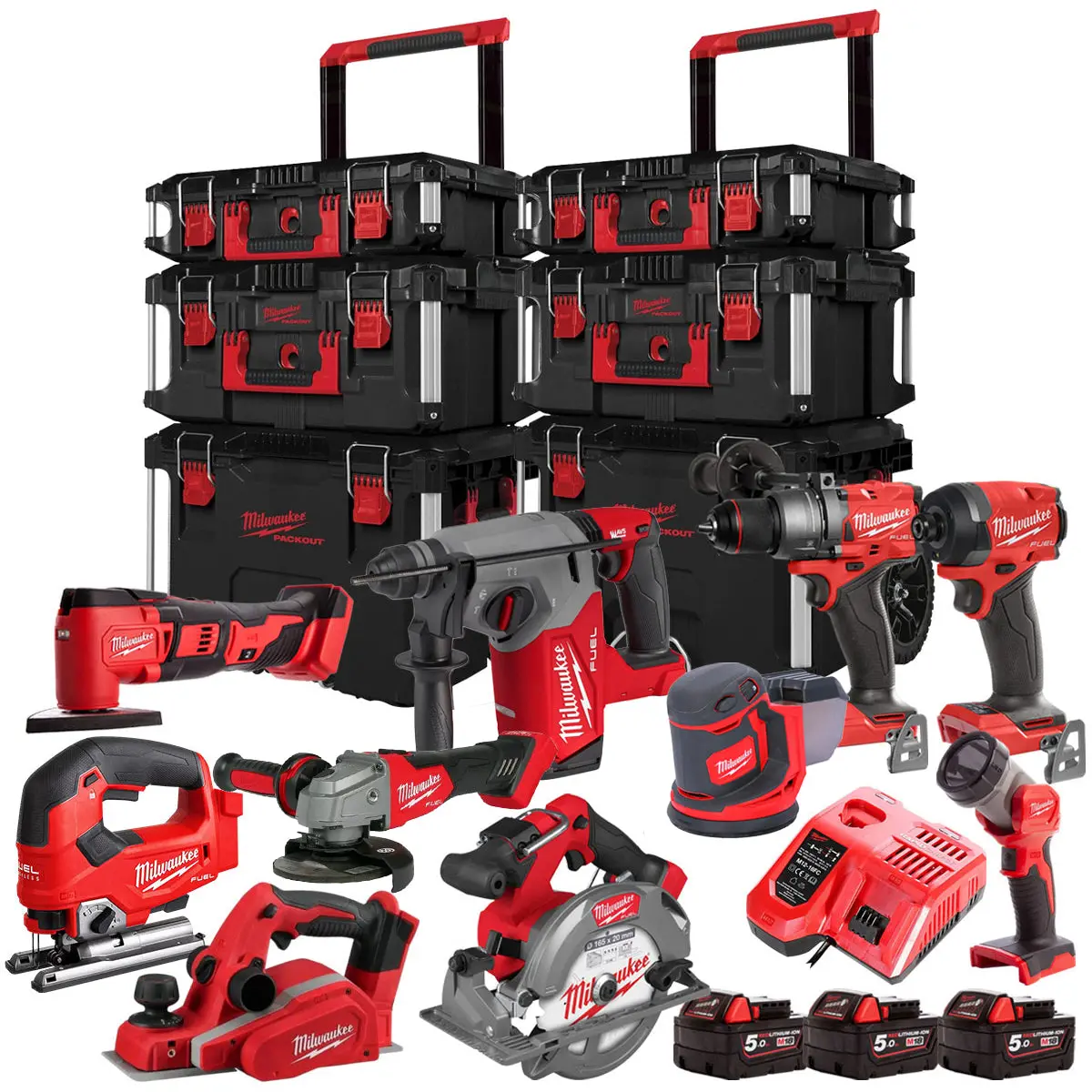 Milwaukee 18V 10 Piece Power Tool Kit With 3 X 5.0Ah Battery Charger & Trolley Toolbox 1