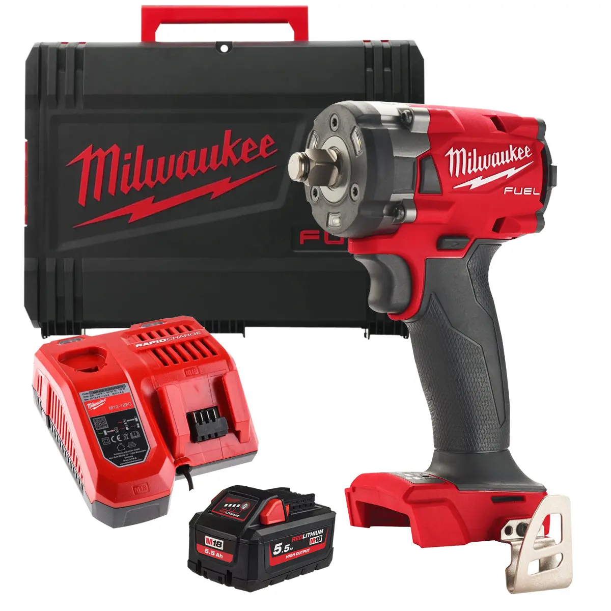 Milwaukee M18fiw2f38-0X 18V Fuel Brushless 3/8" Friction Ring Impact Wrench With 1 X 5.5Ah Battery Charger & Case 1