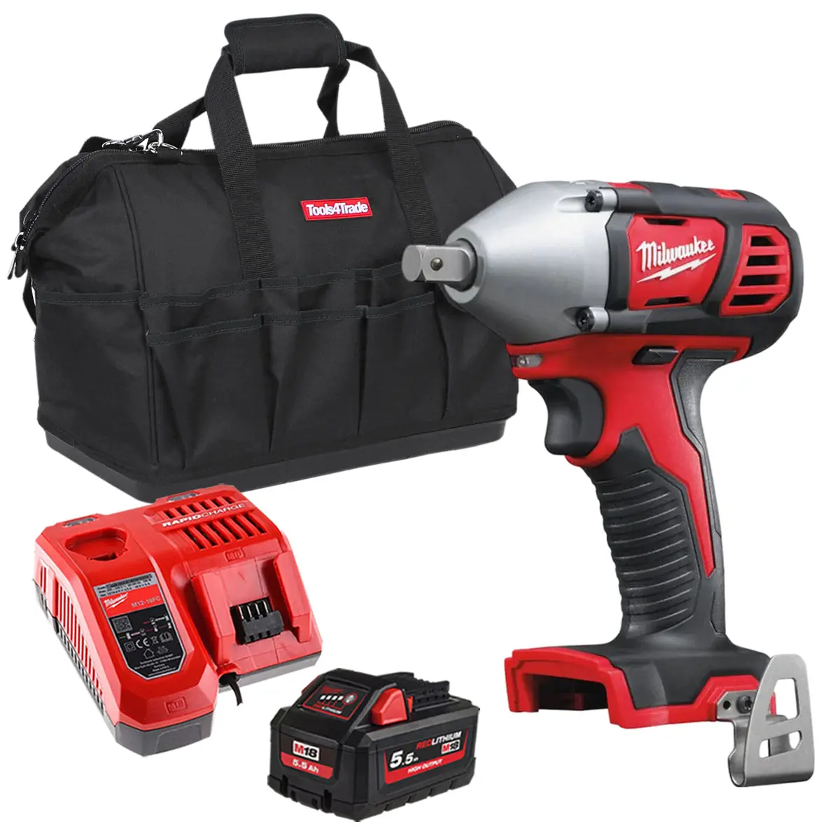 Milwaukee M18biw12-0 18V Compact 1/2" Impact Wrench With 1 X 5.5Ah Battery Charger & Bag 1
