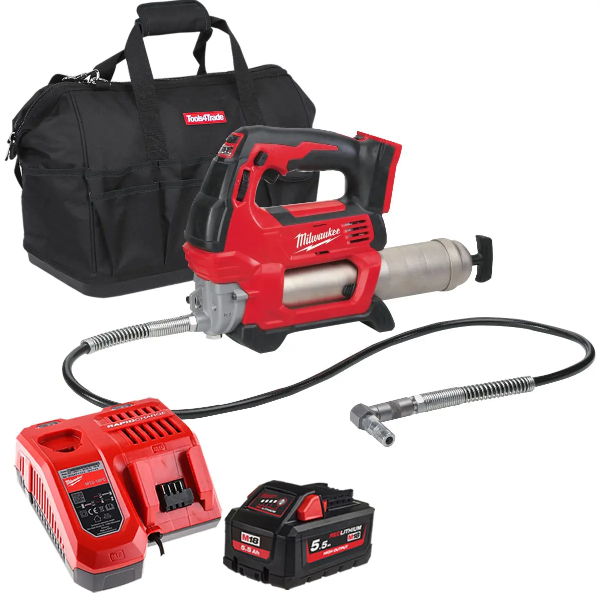Milwaukee M18gg-0 18V M18 Cordless Grease Gun With 1 X 5.5Ah Battery Charger & Bag 1