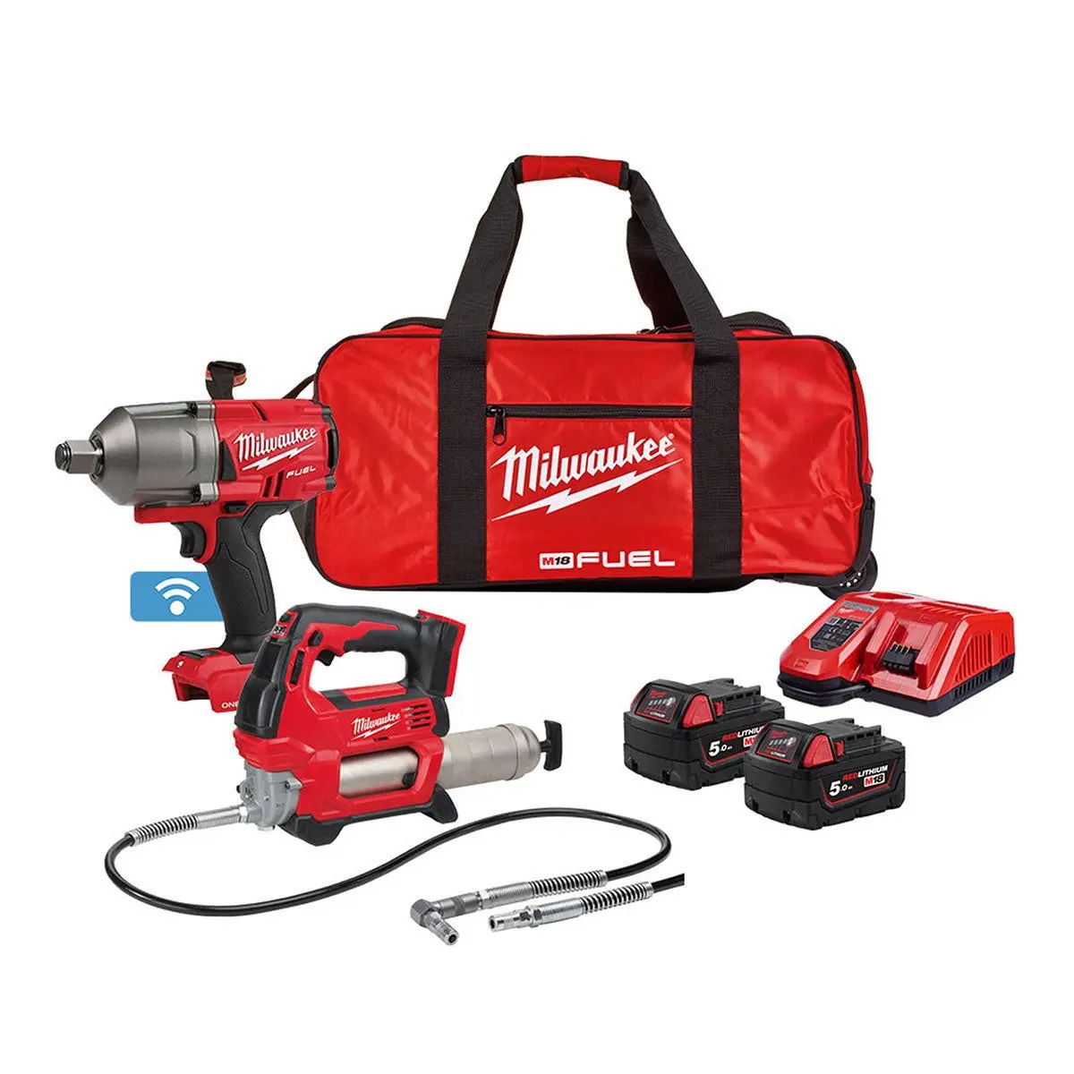Milwaukee M18onepp2q-502B 18V Fuel One-Key Brushless Impact Wrench & Grease Gun With 2 X 5.0Ah Batteries Charger & Bag 4933480467 1