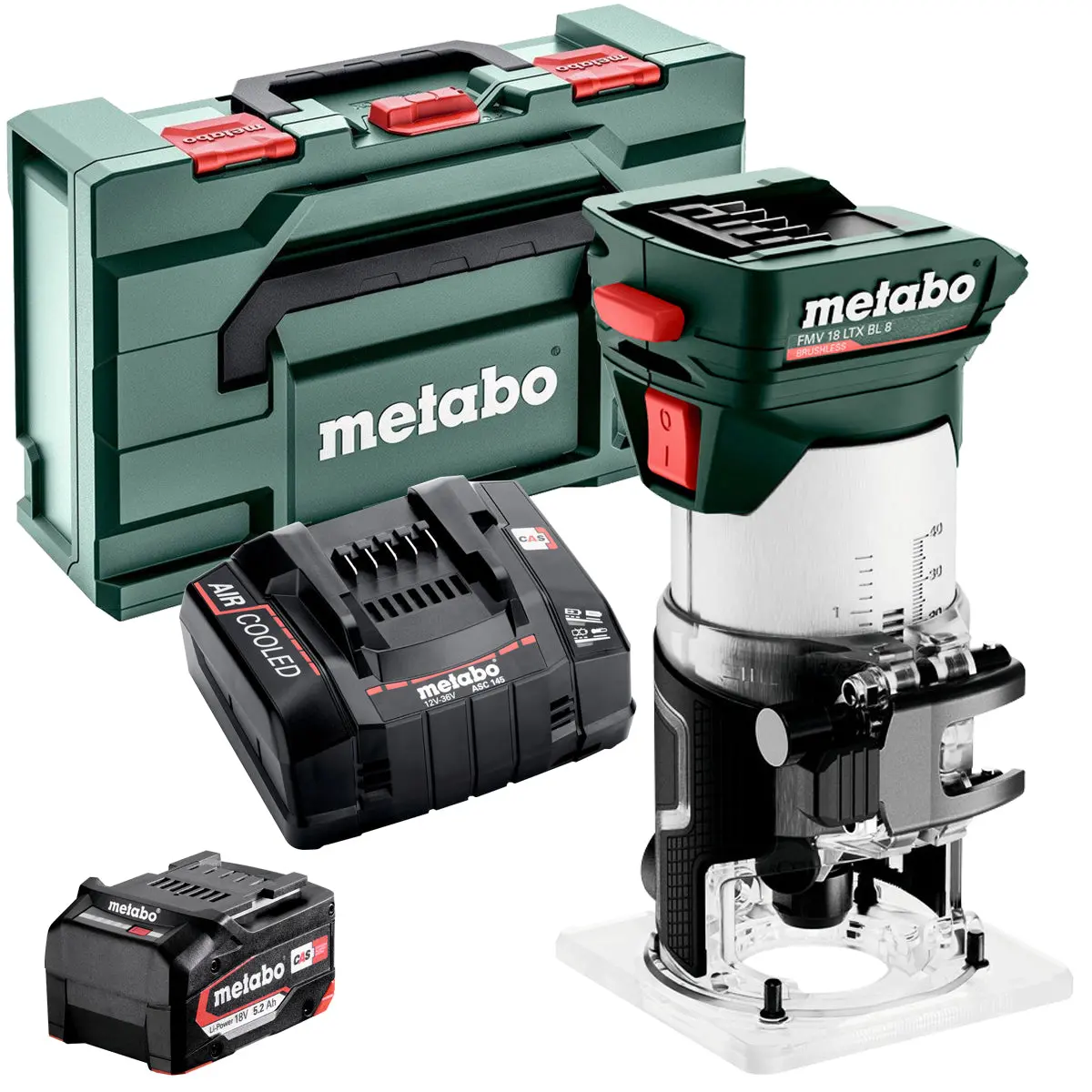 Metabo Fmv 18 Ltx Bl 8 18V Brushless 1/4" Trim Router With 1 X 5.2Ah Battery Charger & Metabox 1