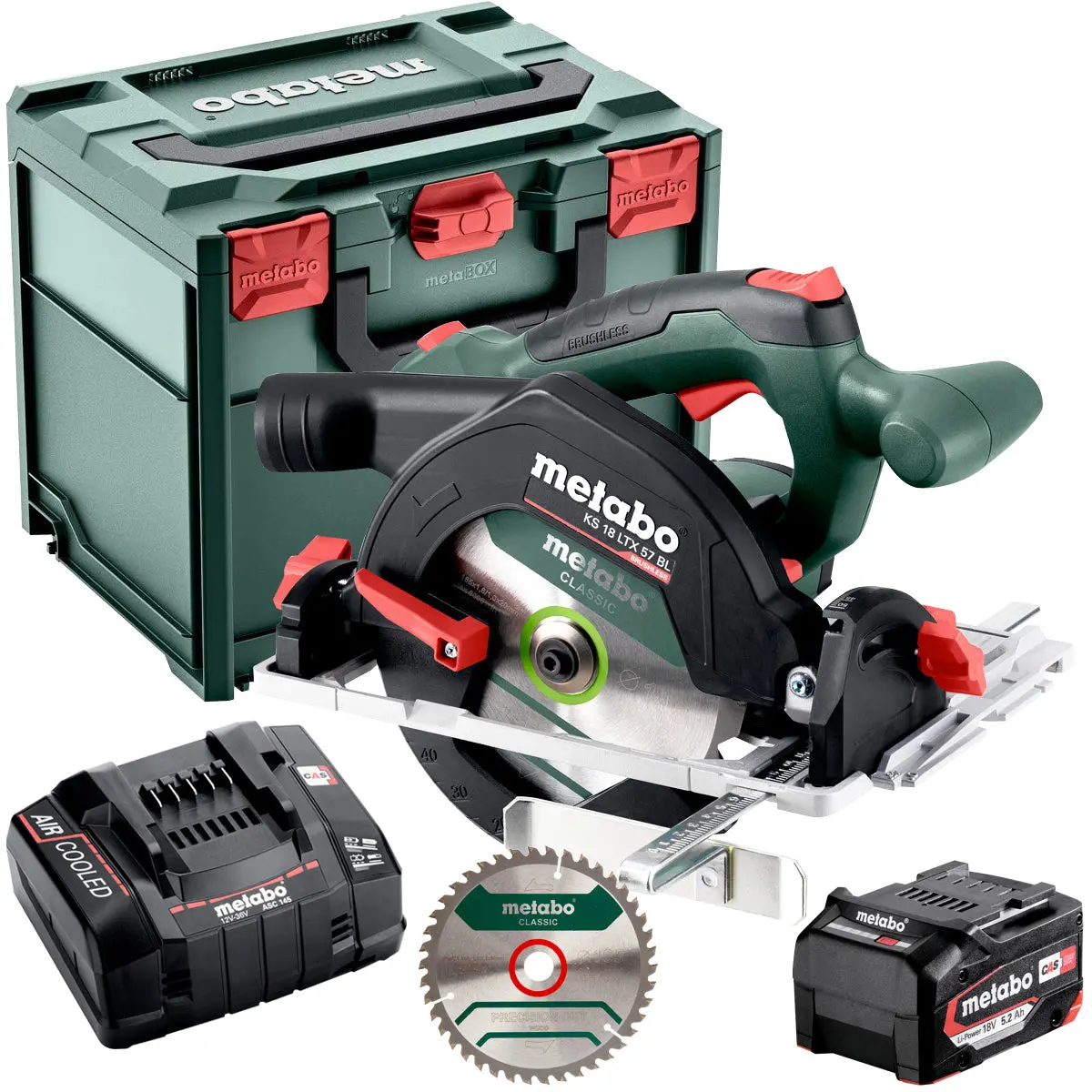 Metabo Ks 18 Ltx 57 Bl 18V Brushless 165Mm Circular Saw With 1 X 5.2Ah Battery Charger, Metabox & Blade 1