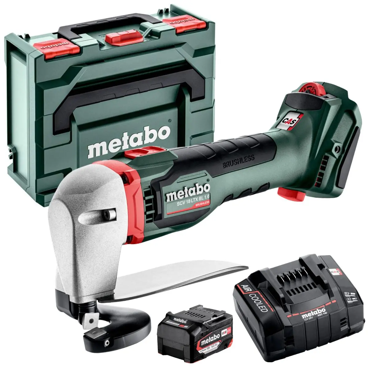 Metabo Scv 18 Ltx Bl 1.6 18V Brushless Metal Shear With 1 X 5.2Ah Battery Charger & Metabox 1