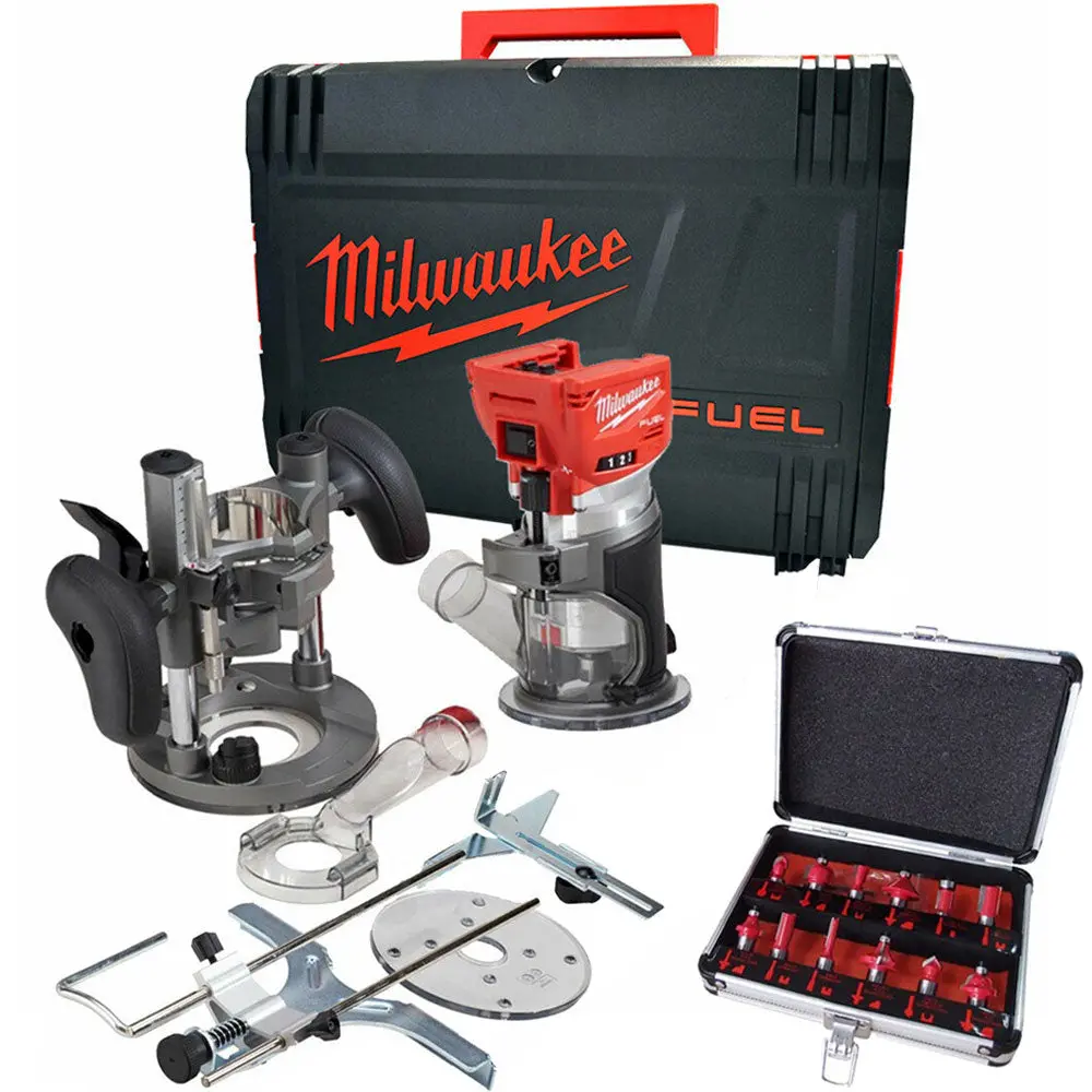 Milwaukee M18ftr-0 18V Brushless Trim Router In Case + 1/4" 12 Piece Cutter Set 1