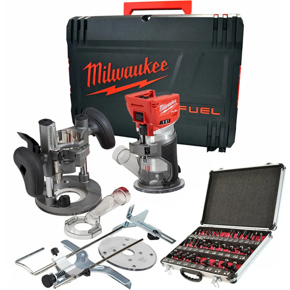 Milwaukee M18ftr-0 18V Brushless Trim Router In Case + 1/4" 35 Piece Cutter Set 1