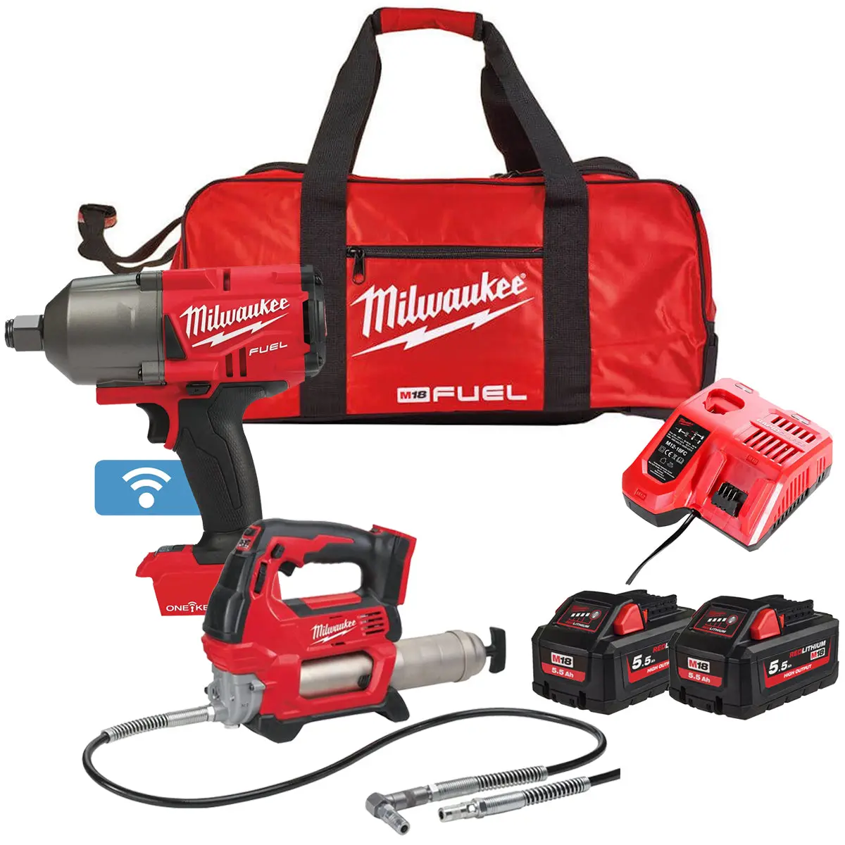 Milwaukee M18onepp2q-505B 18V Fuel 3/4" Impact Wrench & Grease Gun With 2 X 5.5Ah Battery Charger & Bag 1