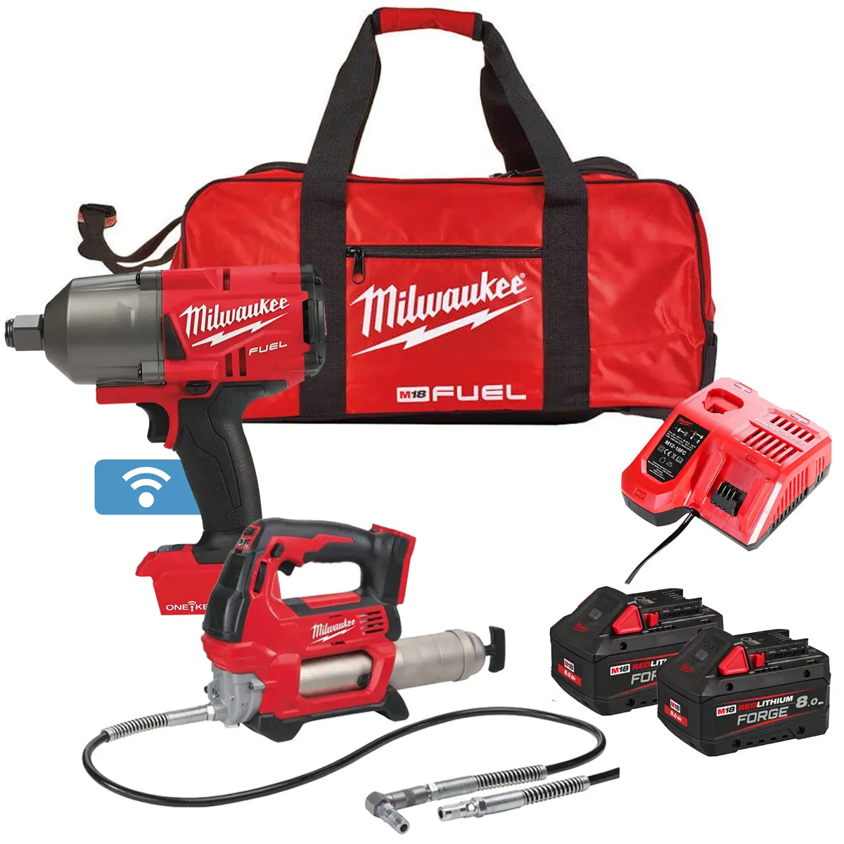 Milwaukee M18onepp2q-508B 18V Fuel 3/4" Impact Wrench & Grease Gun With 2 X 8.0Ah Battery Charger & Bag 1