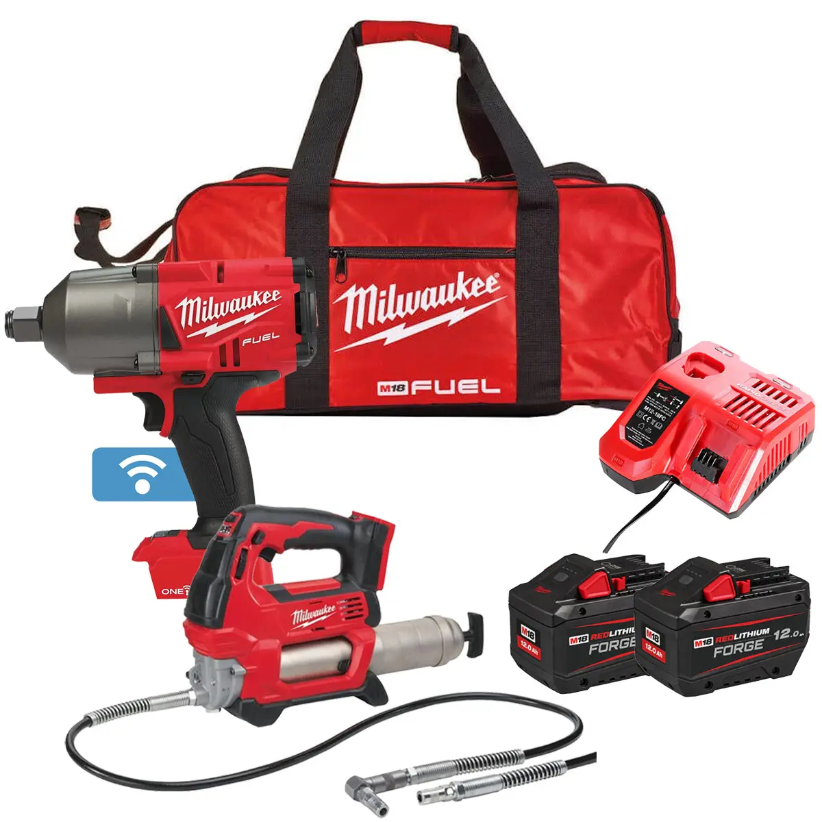 Milwaukee M18onepp2q-512B 18V Fuel 3/4" Impact Wrench & Grease Gun With 2 X 12.0Ah Battery Charger & Bag 1
