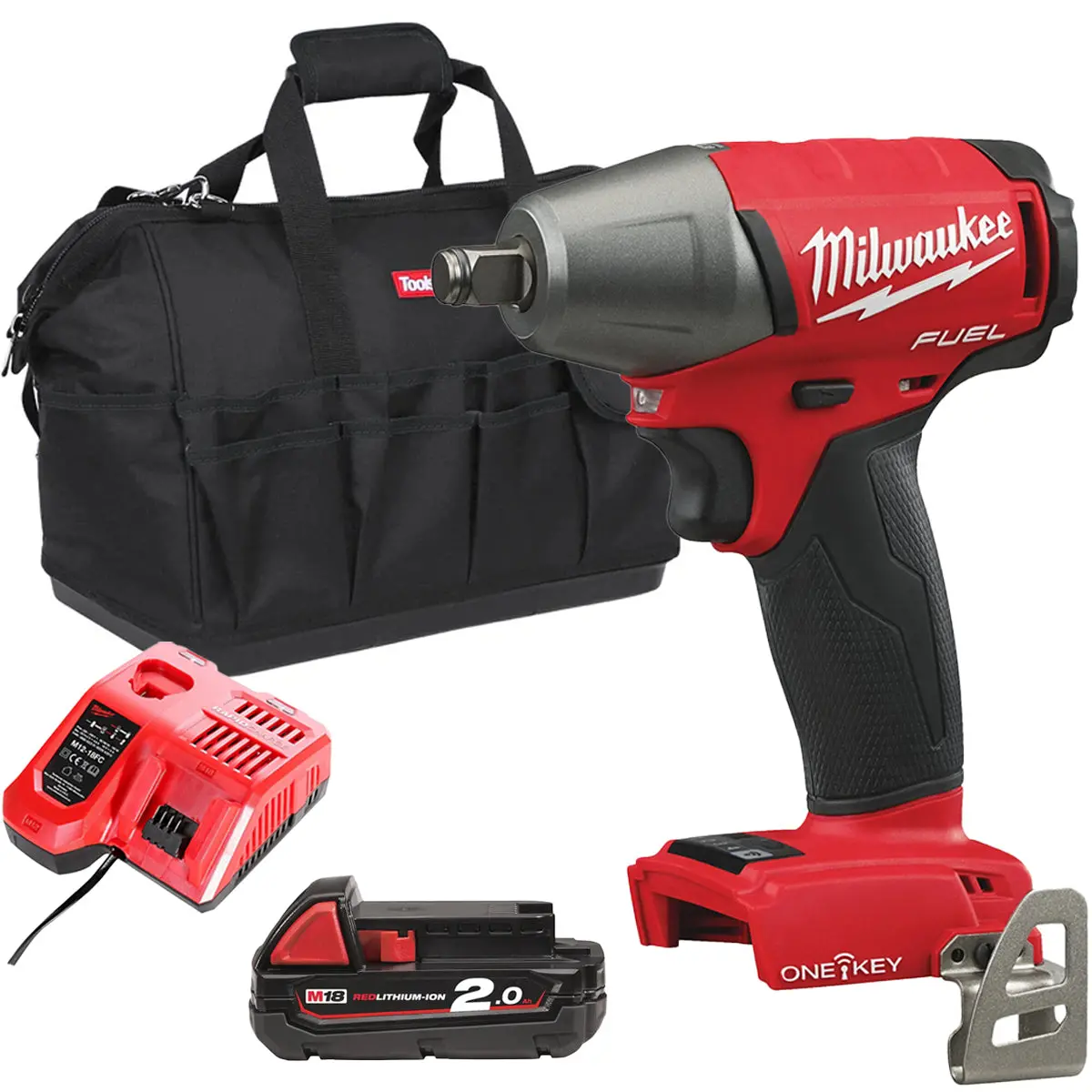 Milwaukee M18oneiwf12-0 18V Fuel One-Key Brushless 1/2” Impact Wrench With 1 X 2.0Ah Battery Charger & Bag 1
