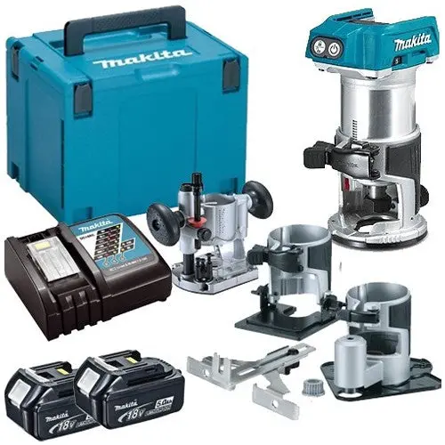 Makita Drt50zjx3 18V Brushless Router Trimmer With Extra Bases + 2 X 5.0Ah Batteries & Charger In Case 1