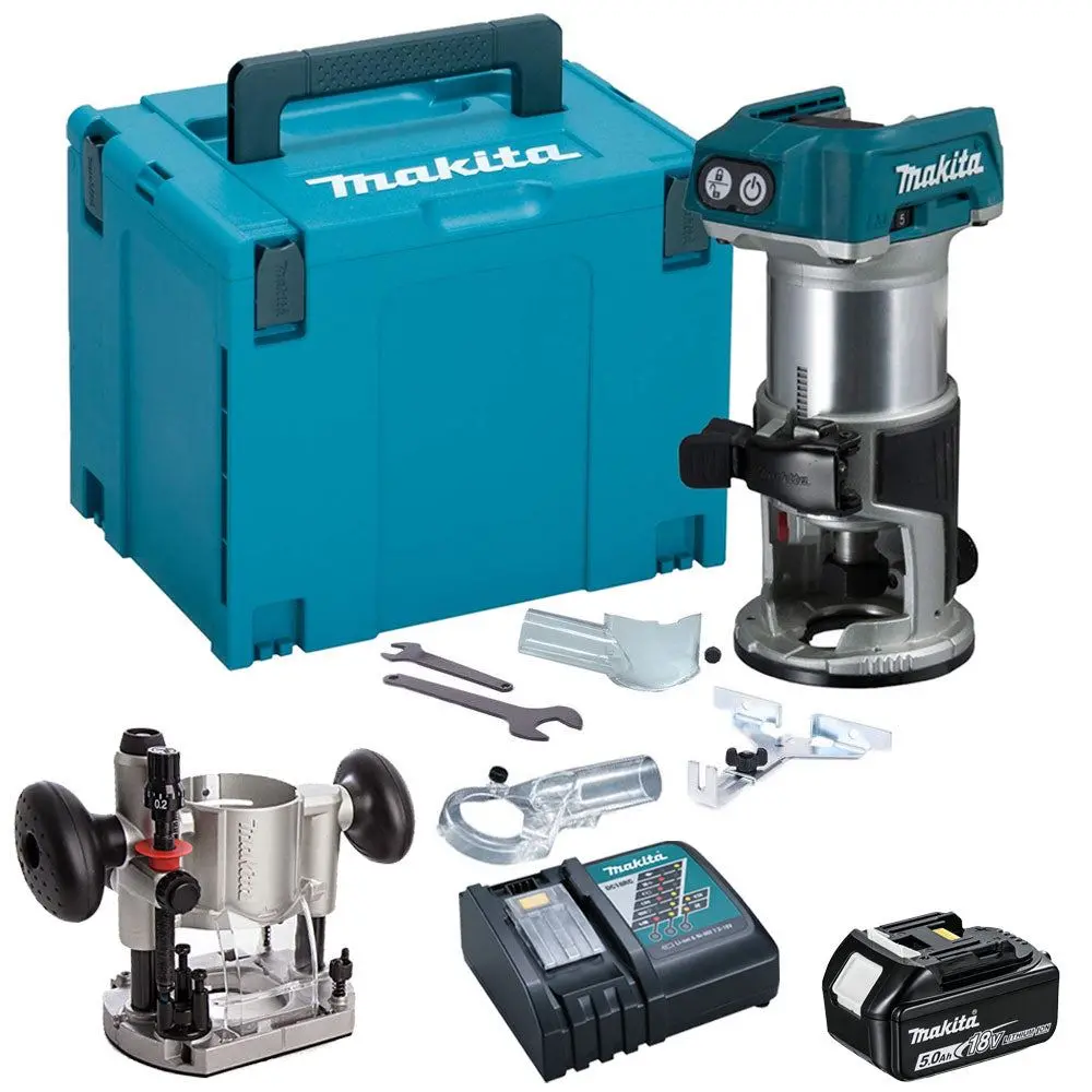 Makita Drt50zj 18V Brushless Router Trimmer With 5.0Ah Battery & Charger + Accessories 1