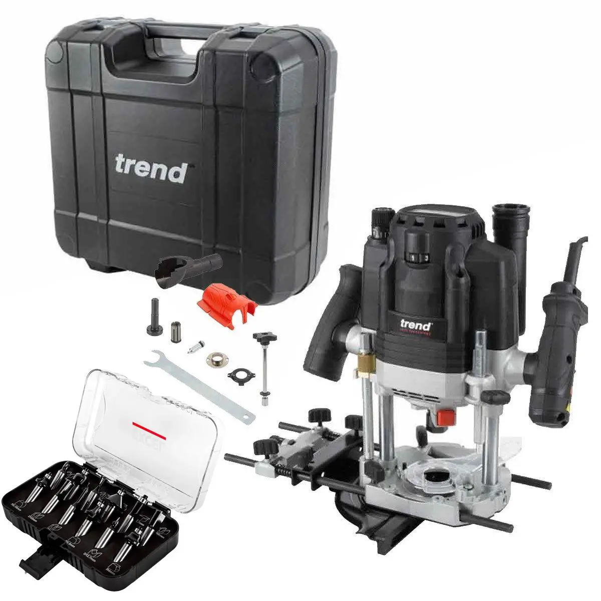 Trend T8ek 1/2In Dual Mode Plunge Router 240V With 12 Piece Cutter Set & Case 1