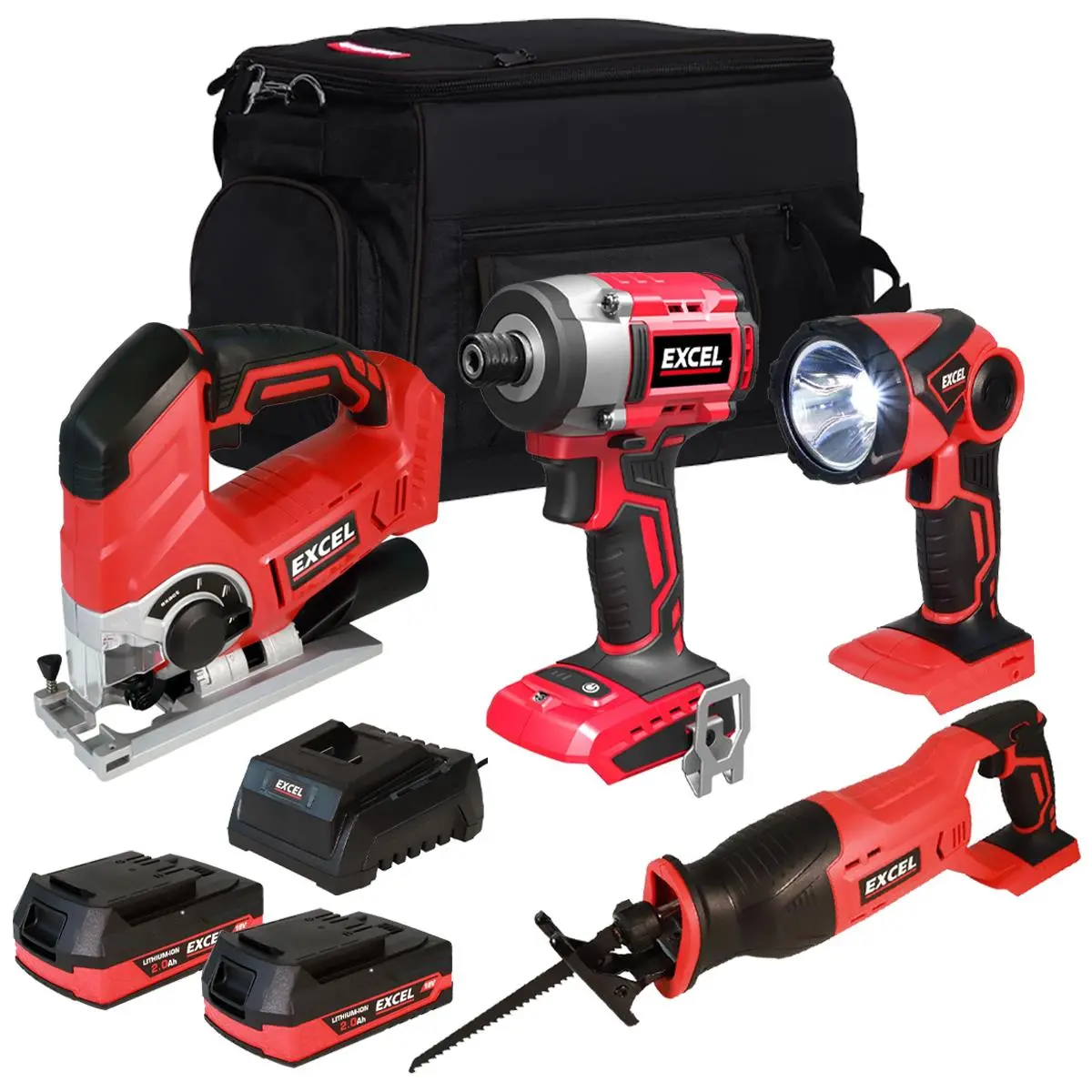 Excel 18V Cordless 4 Piece Tool Kit With 2 X 2.0Ah Batteries & Charger In Bag 1