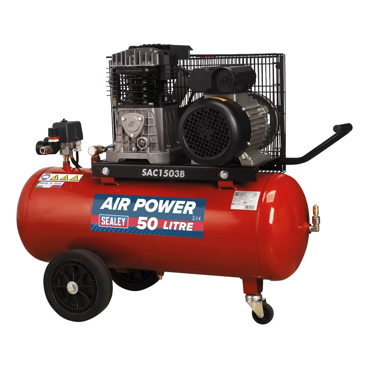 Sealey Sac1503b 50L Belt Drive Air Compressor With Cast Cylinders & Wheels 230V/13A 2