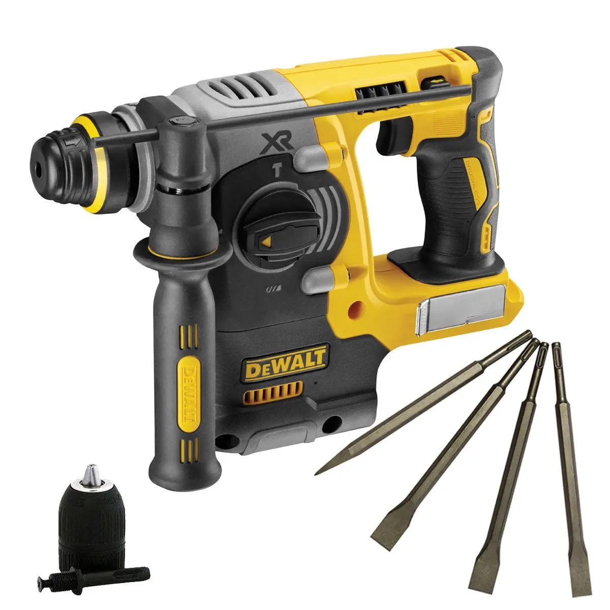 Dewalt Dch273n 18V Brushless Hammer Drill & 4 Piece Chisel Set + Keyless Chuck 1