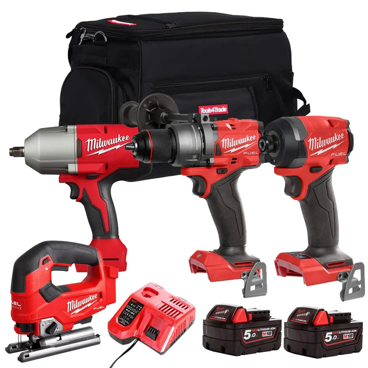 Milwaukee M18fpp20z-502B 18V 4 Piece Power Tool Kit With 2 X 5.0Ah Batteries Charger & Bag 1