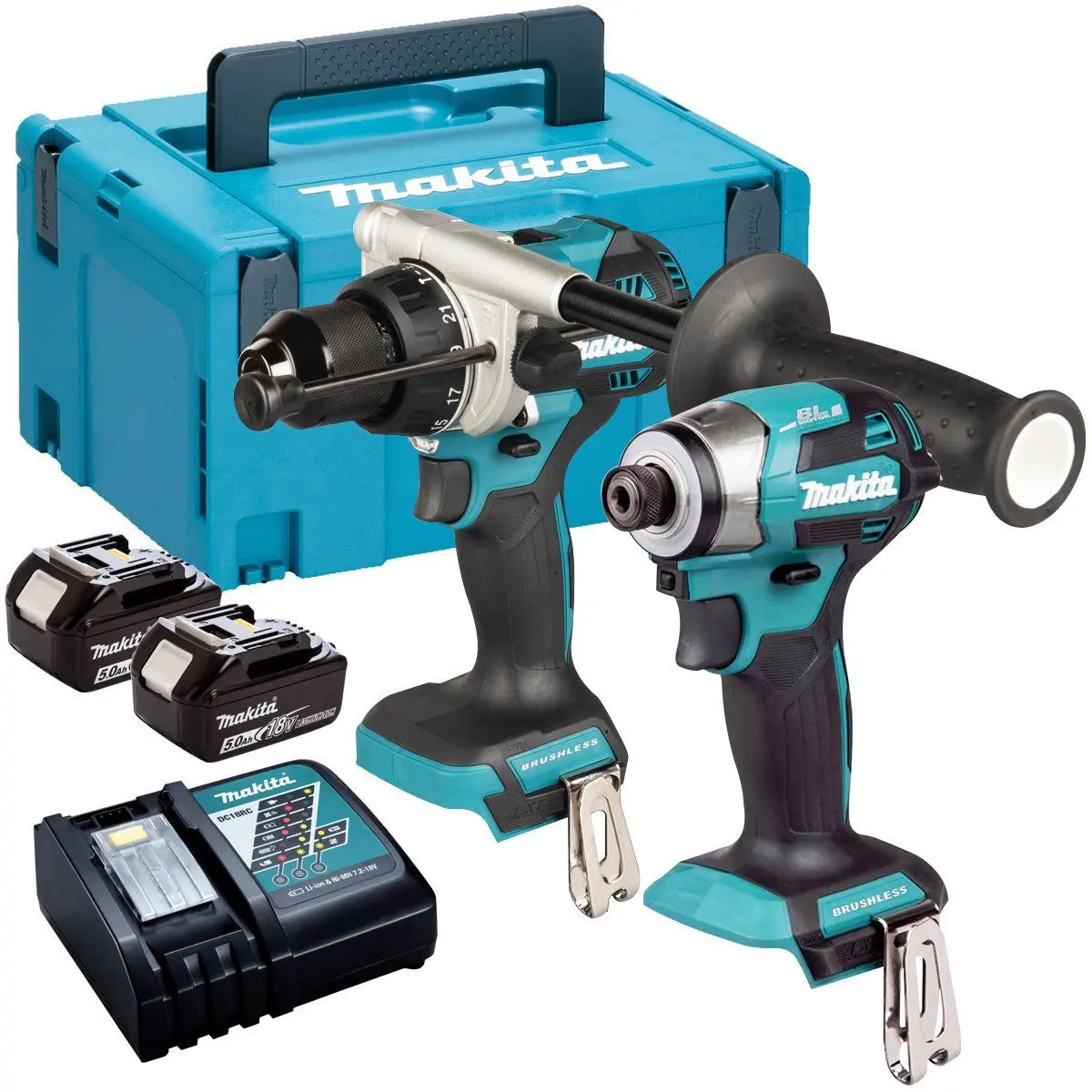 Makita Dlx2549tj 18V Lxt Brushless Combi Drill & Impact Driver Twin Kit With 2 X 5.0Ah Battery Charger & Case 1