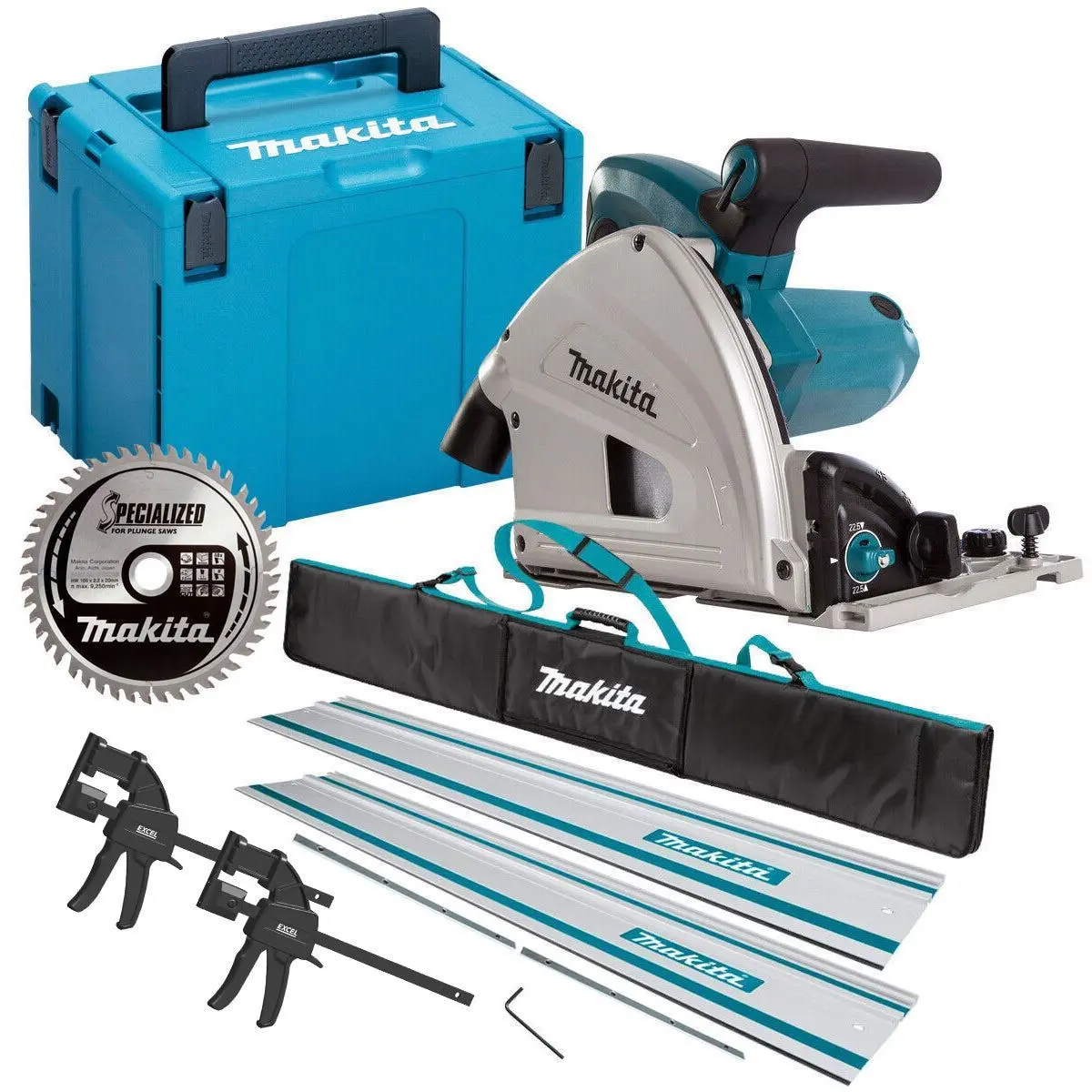 Makita Sp6000j2 165Mm Plunge Saw 240V With 2X1.5M Guide Rail+Clamp+Bag+Blade 1
