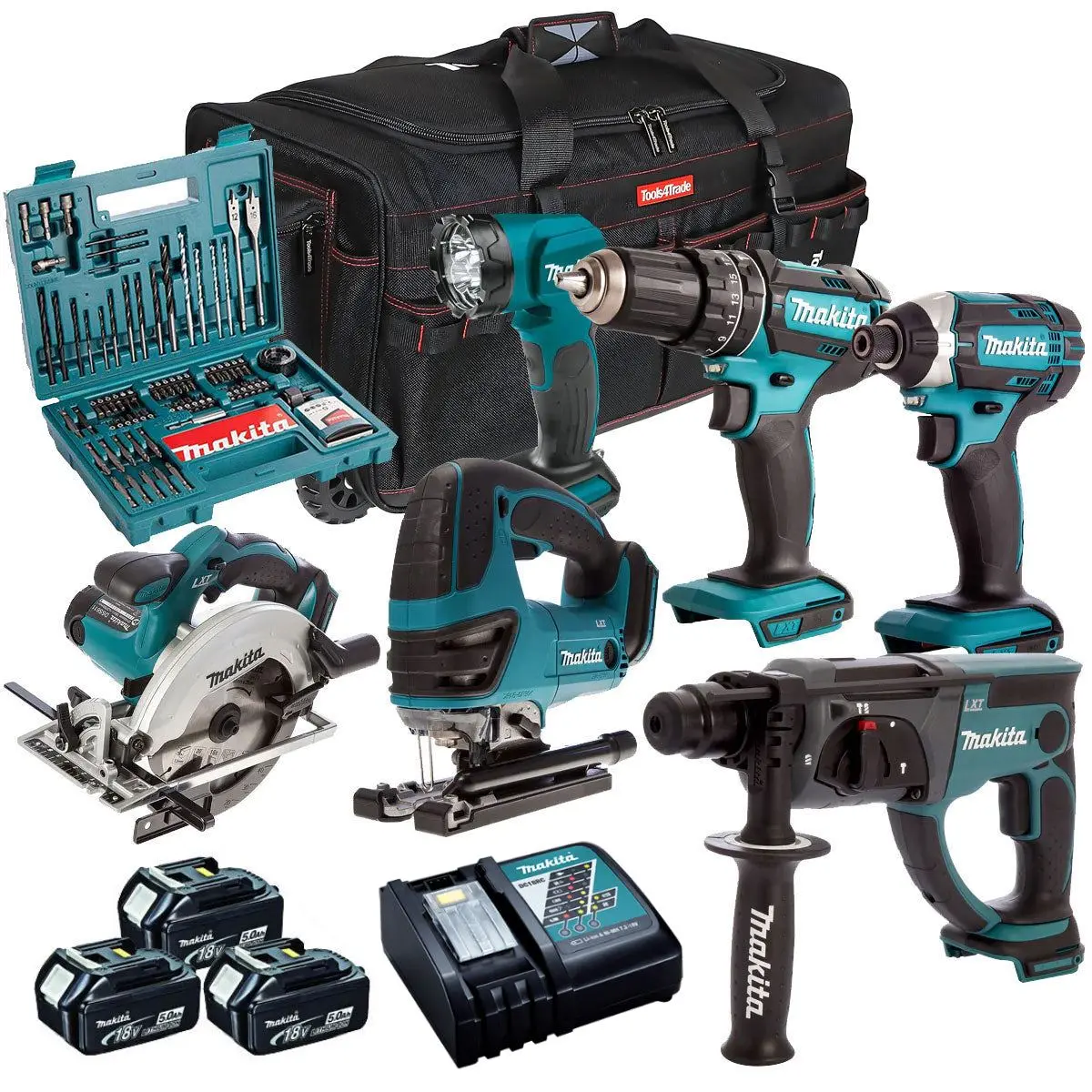 Makita 18V 6 Piece Cordless Kit With 3 X 5.0Ah Batteries & 100 Piece Bit Set T4tkit-49 1