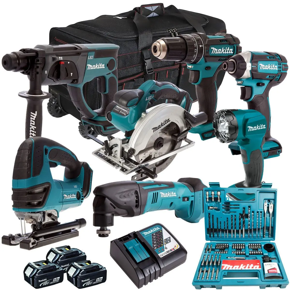 Makita 18V 7 Piece Power Tool Kit With 3 X 5.0Ah Battery Charger Bag & 100 Piece Bit Set T4tkit-610 1