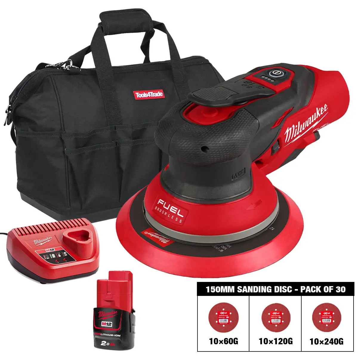 Milwaukee M12fros5-0 12V Fuel Brushless 150Mm Random Orbit Sander With Sanding Disc 60G, 120G, 240G Pack Of 30 & 1 X 2.0Ah Battery, Charger & Bag 1