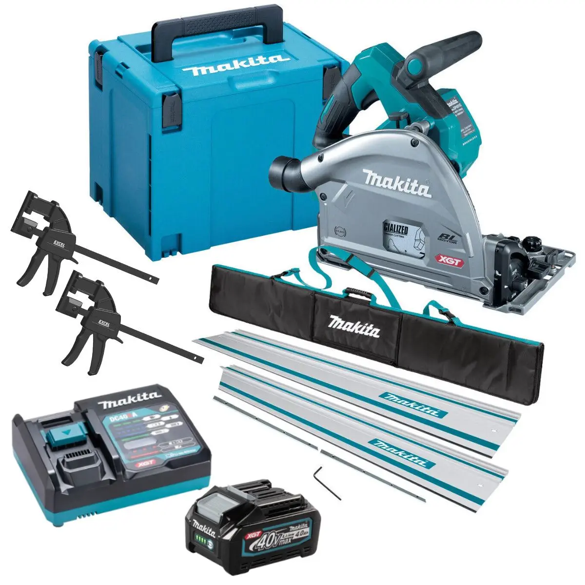 Makita Sp001gz03kit5 40V Brushless Plunge Saw With 2 X Guide Rail, Connector, Clamp Set & 1 X 4.0Ah Battery Charger 1