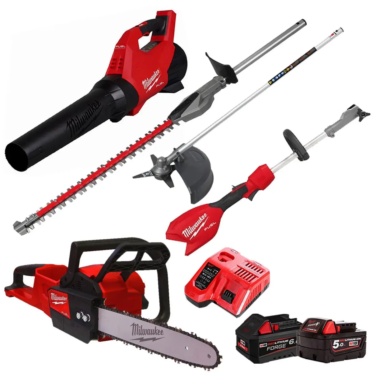 Milwaukee M18 18V 3 Piece Gardening Tool Kit With Hedge Trimmer & Brush Cutter Attachment 2 X Batteries & Charger T4tkit-29513 1