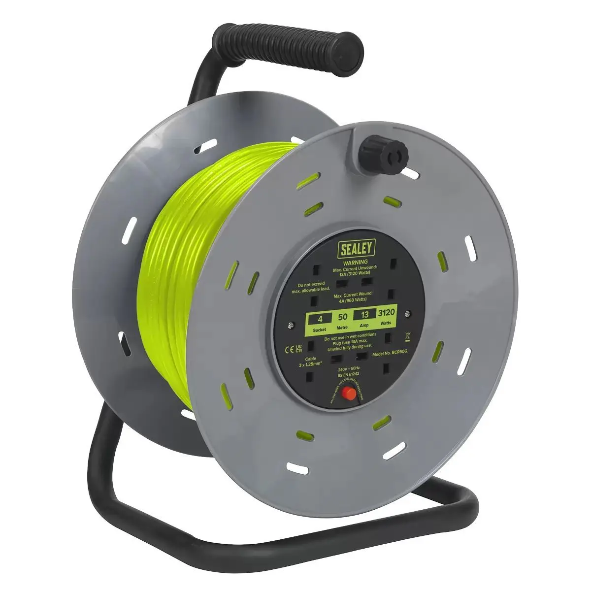 Sealey Bcr50g 50M Cable Reel With Thermal Trip 4 X 230V 1