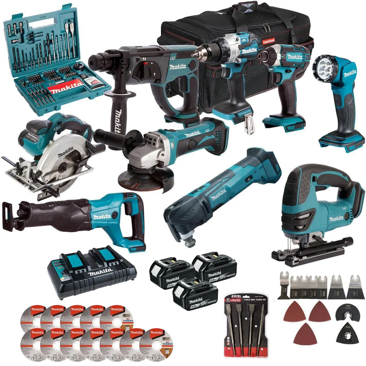 Makita 18V 9 Piece Combo Kit With 3 X 5.0Ah Battery Charger & Accessories Set T4tkit-17228 1