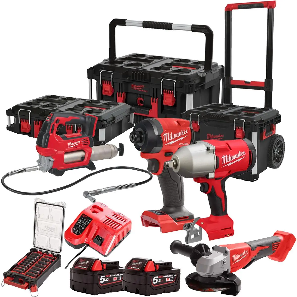Milwaukee 18V 4 Piece Combo Kit With 2 X 5.0Ah Battery, Charger, Socket Set & Packout Trolley Toolbox 1