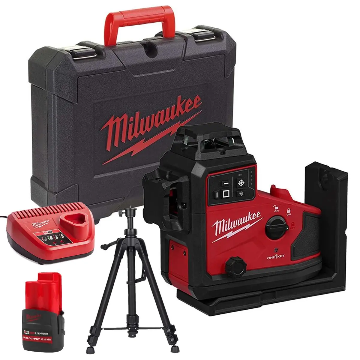 Milwaukee M12a3plo-0C 12V M12 Green Auto Alignment 360° 3 Plane Laser With 1 X 2.5Ah Battery Charger Case & Laser Tripod 1