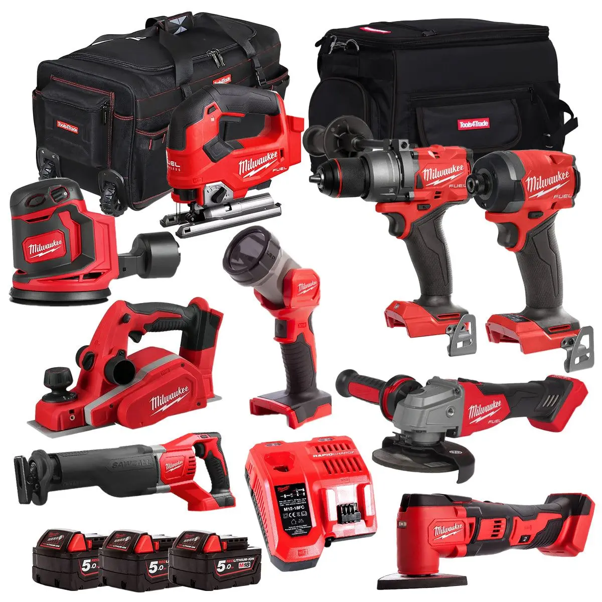 Milwaukee 18V 9 Piece Power Tool Kit With 3 X 5.0Ah Batteries T4tkitm-87 1