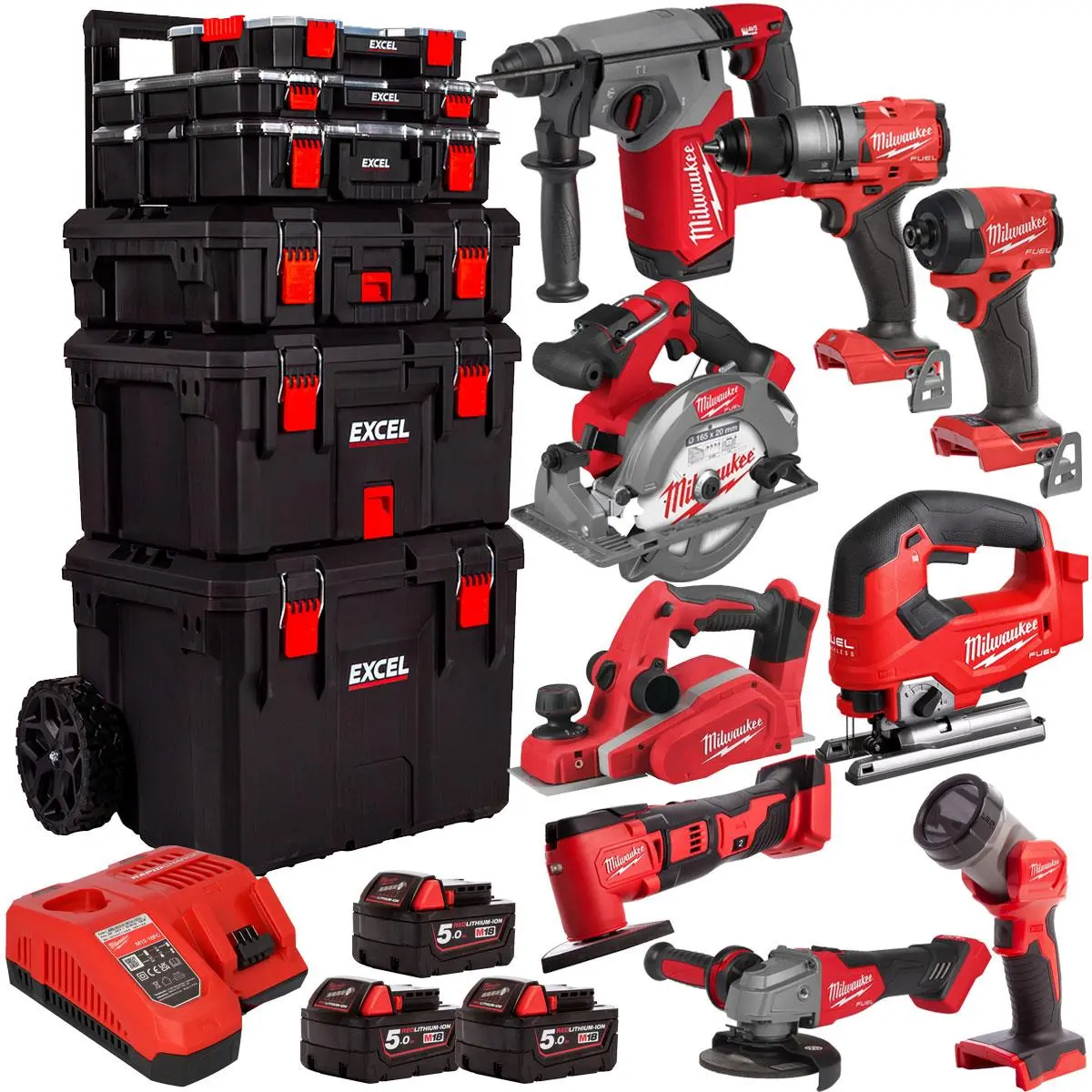Milwaukee 18V 9 Piece Tool Kit With 3 X 5.0Ah Batteries & Trolley Toolbox 1