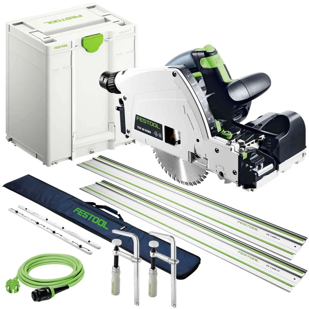 Festool Tsv 60 Keb-Plus 110V Gb Plunge-Cut Saw - 576734 With 2 X Guide Rail, Connector, Clamp & Bag 1