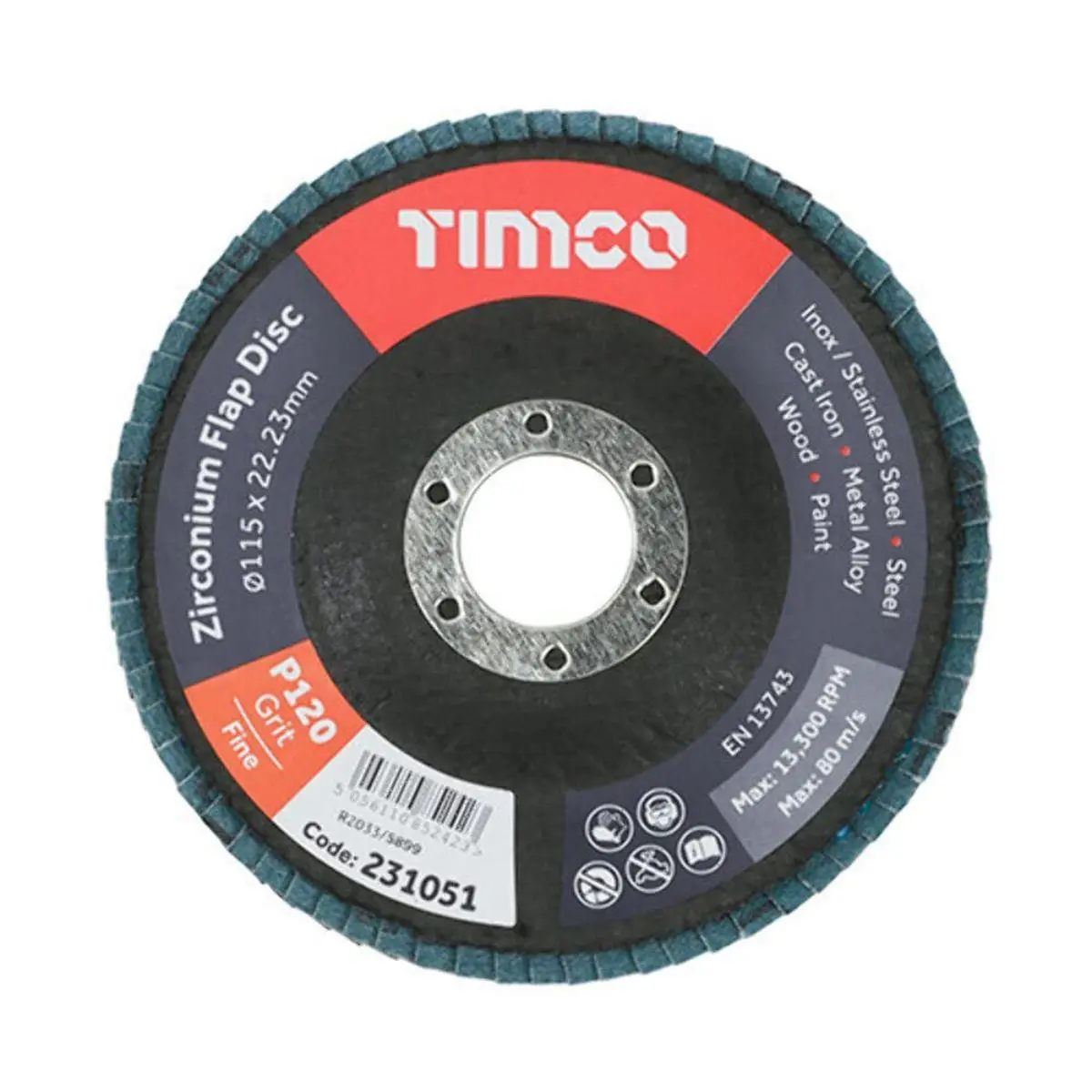 Timco 115Mm Heavy Duty Zirconium Flap Disc P120 Grit - 231051 1