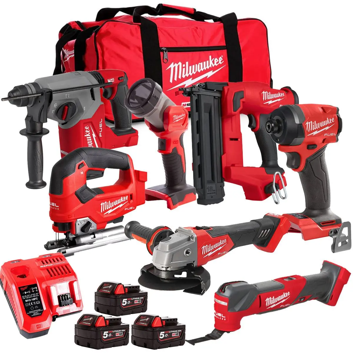 Milwaukee M18fpp6l3-503Bk18 18V Brushless 7 Piece Tool Kit With 3 X 5.0Ah Batteries Charger & Wheeled Bag 1